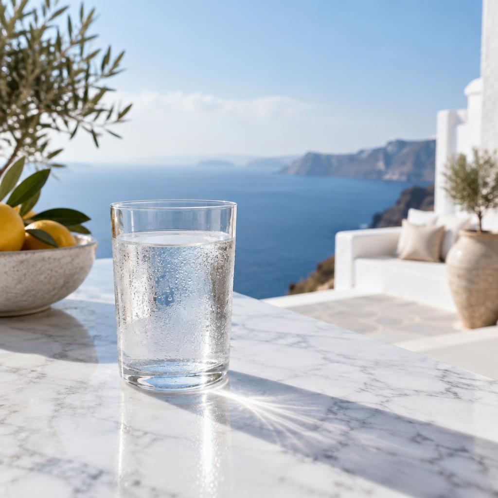 A cold glass of clear water on a marble counter overlooking the Mediterranean